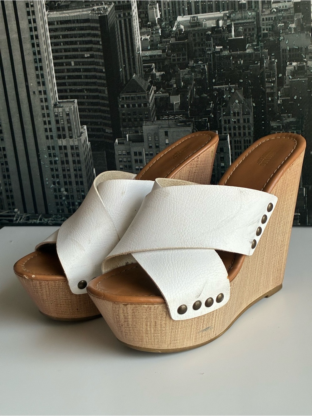 Massimo Dutti White Crisscross Leather Platform Wedge Sandals